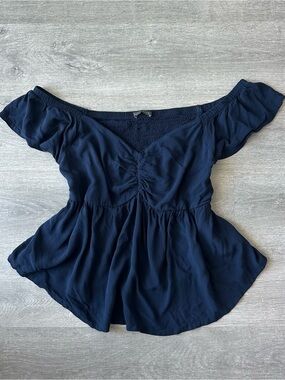 Suzy Shier Off-Shoulder Ruching Milkmaid Navy Blouse Top